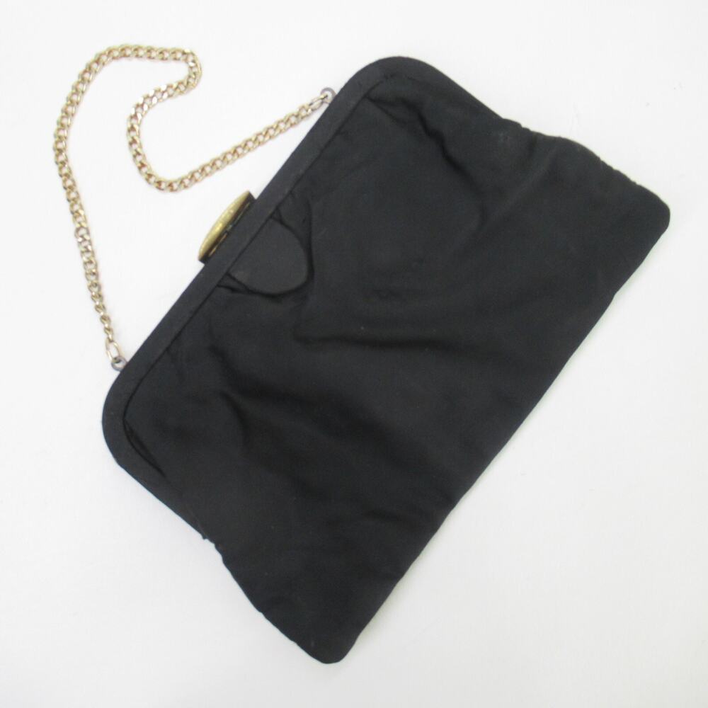 Vintage Ingber Evening Handbag Small Black Sating Gold Tone Handle Lined Chain